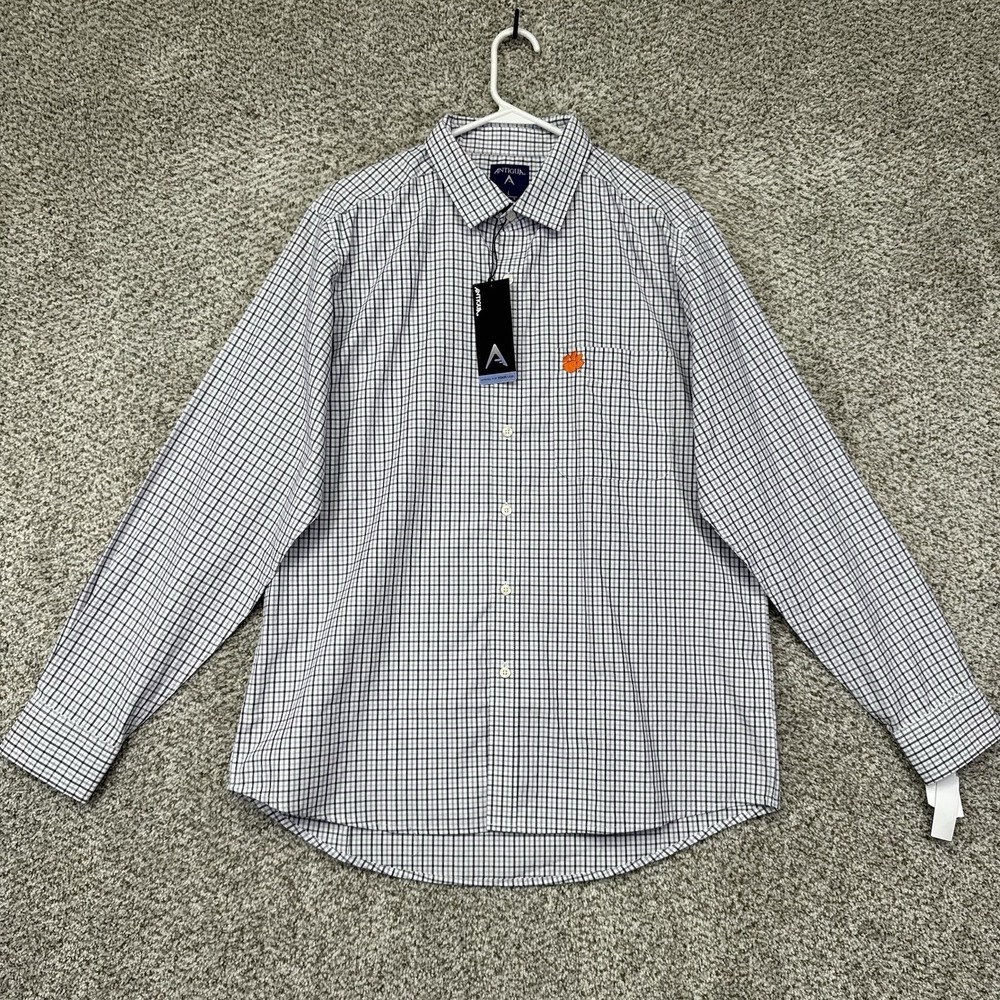 NEW Clemson Tigers Shirt Men's Large Purple White Check‎ Button Up Antigua NCAA